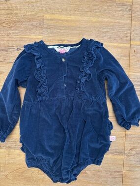 Ruffle Butts Navy Blue Velvet Ruffled Long-Sleeve Romper